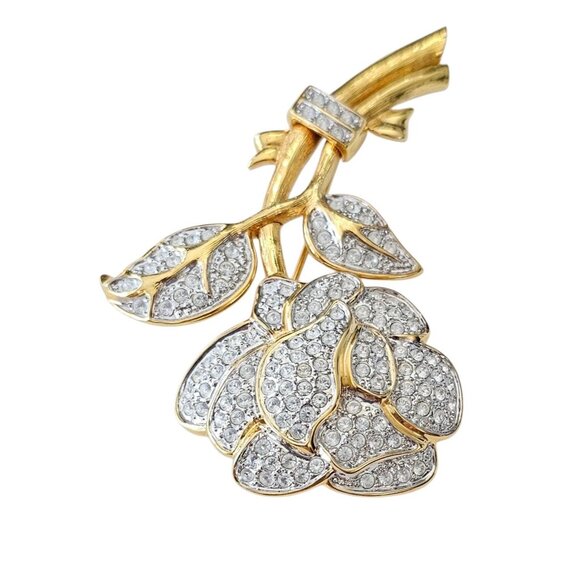 Nolan Miller Stemmed Rose Brooch, Gold Tone Clear Pave Pin Signed, J40 - Picture 5 of 8